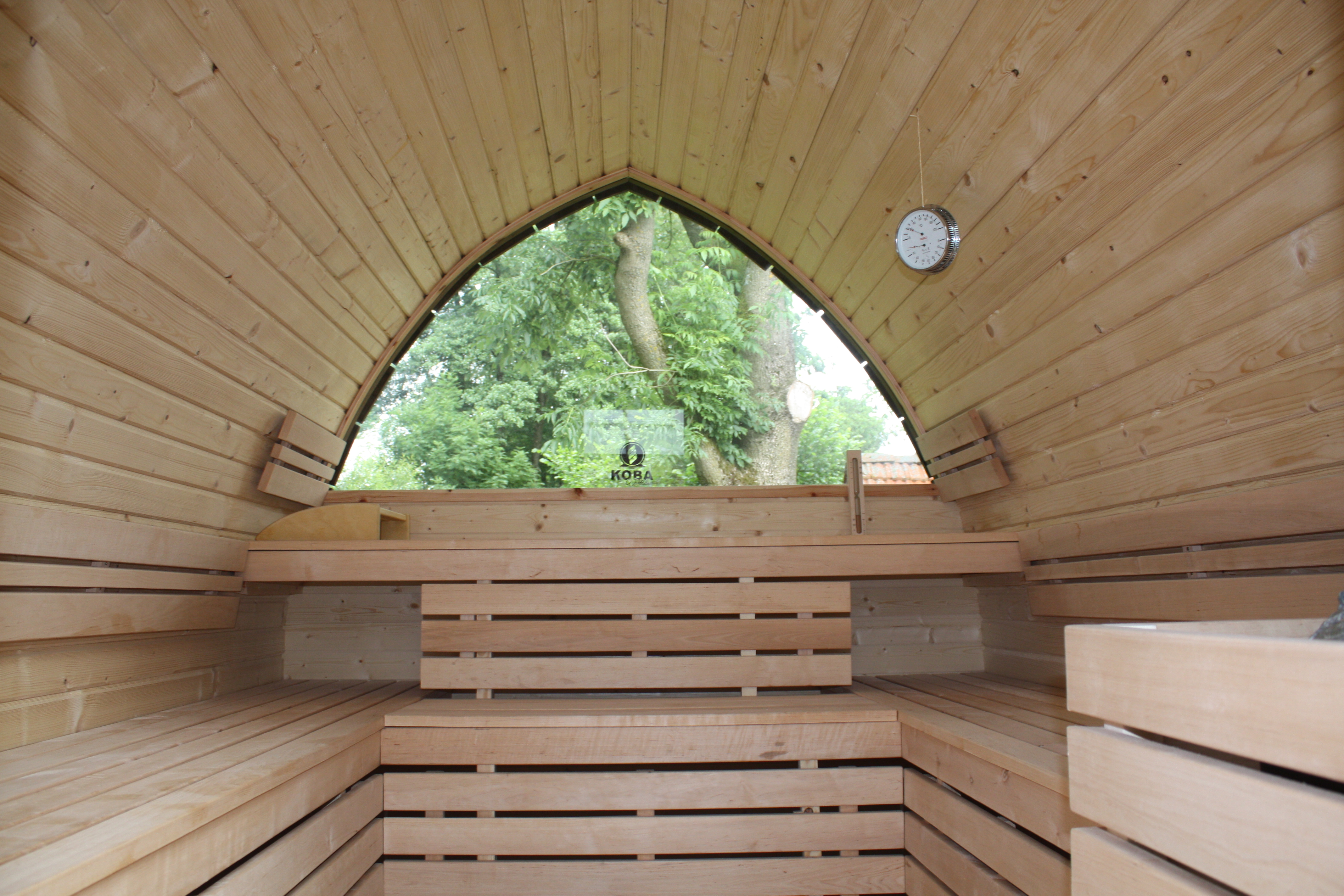 Innenansicht der Blocksauna Ferienhaus Heuliebe, Herbstein / OT Altenschlirf.
